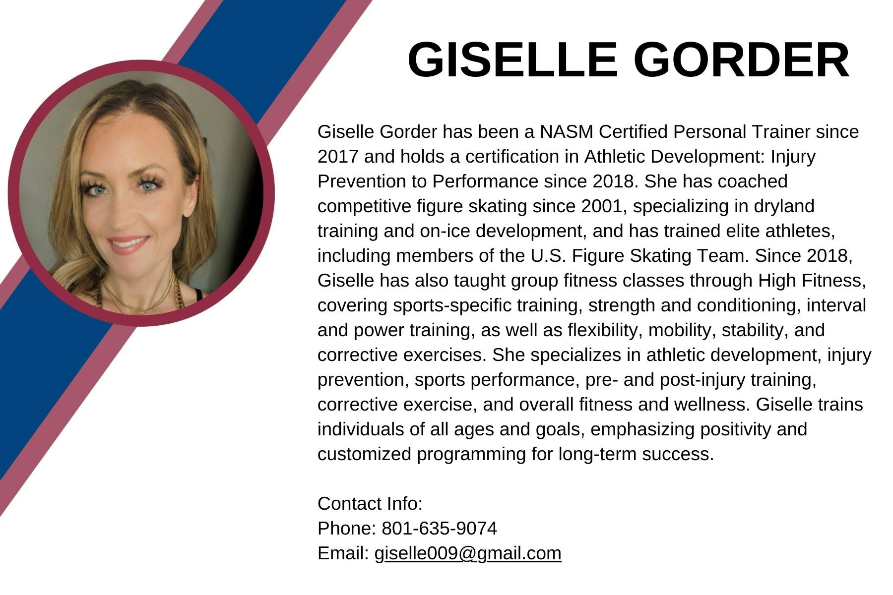 The image features Giselle Gorder, a NASM Certified Personal Trainer specializing in athletic development and fitness training.