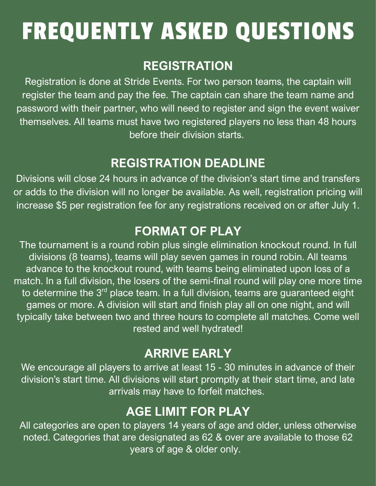 The image details FAQs about tournament registration, deadlines, format, arrival times, and age limits for participants.