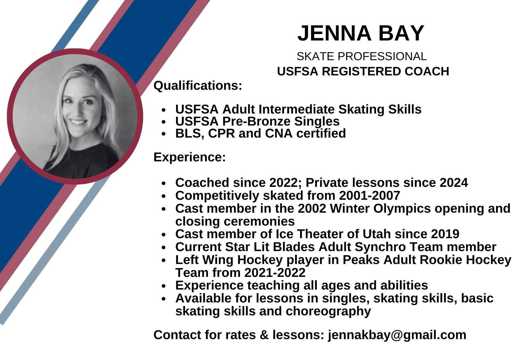 A resume of a skate professional listing qualifications, experience, and contact information.