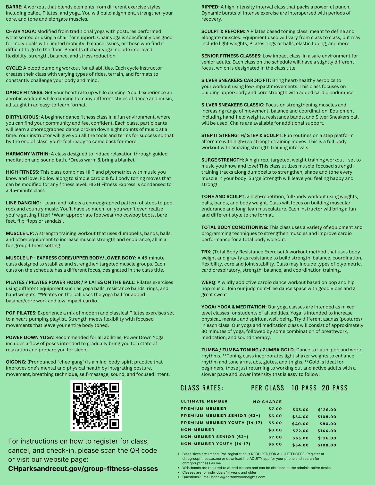A list of fitness classes, descriptions, and rates, including yoga, cycling, and dance. QR code and website are provided for more info.