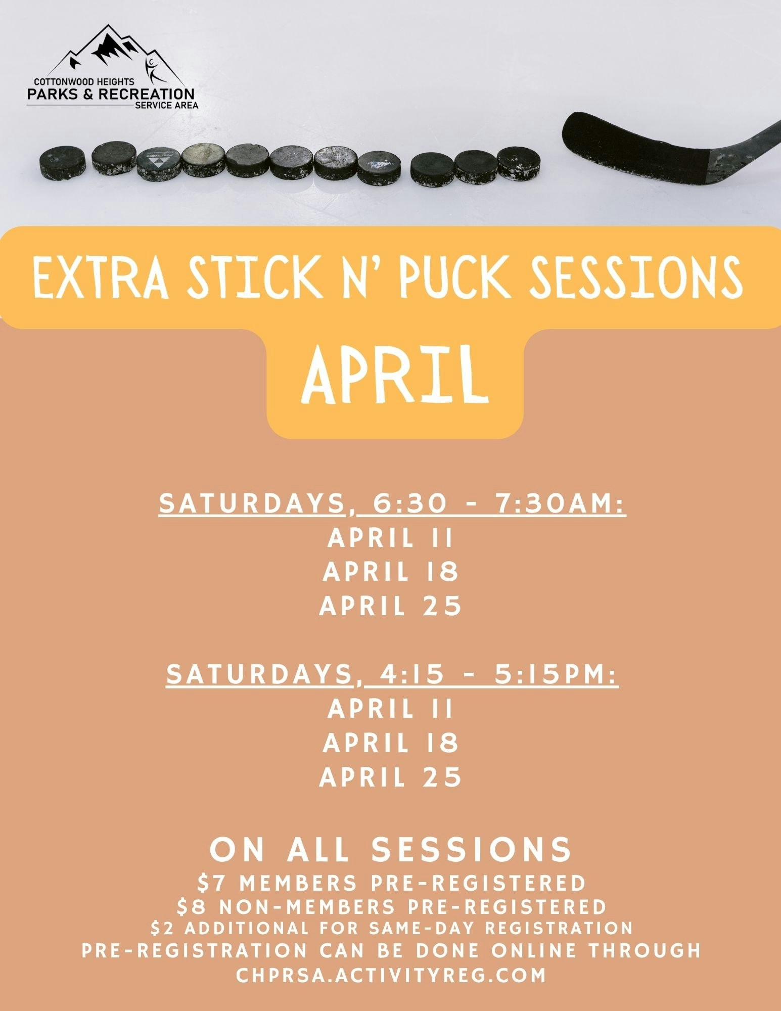 Extra stick n' puck sessions in April at Cottonwood Heights. Saturdays, multiple times. Fees apply. Pre-registration available online.