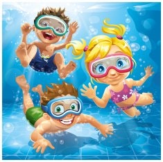 Three cheerful cartoon kids wearing swimming goggles are playing and swimming in a blue pool.