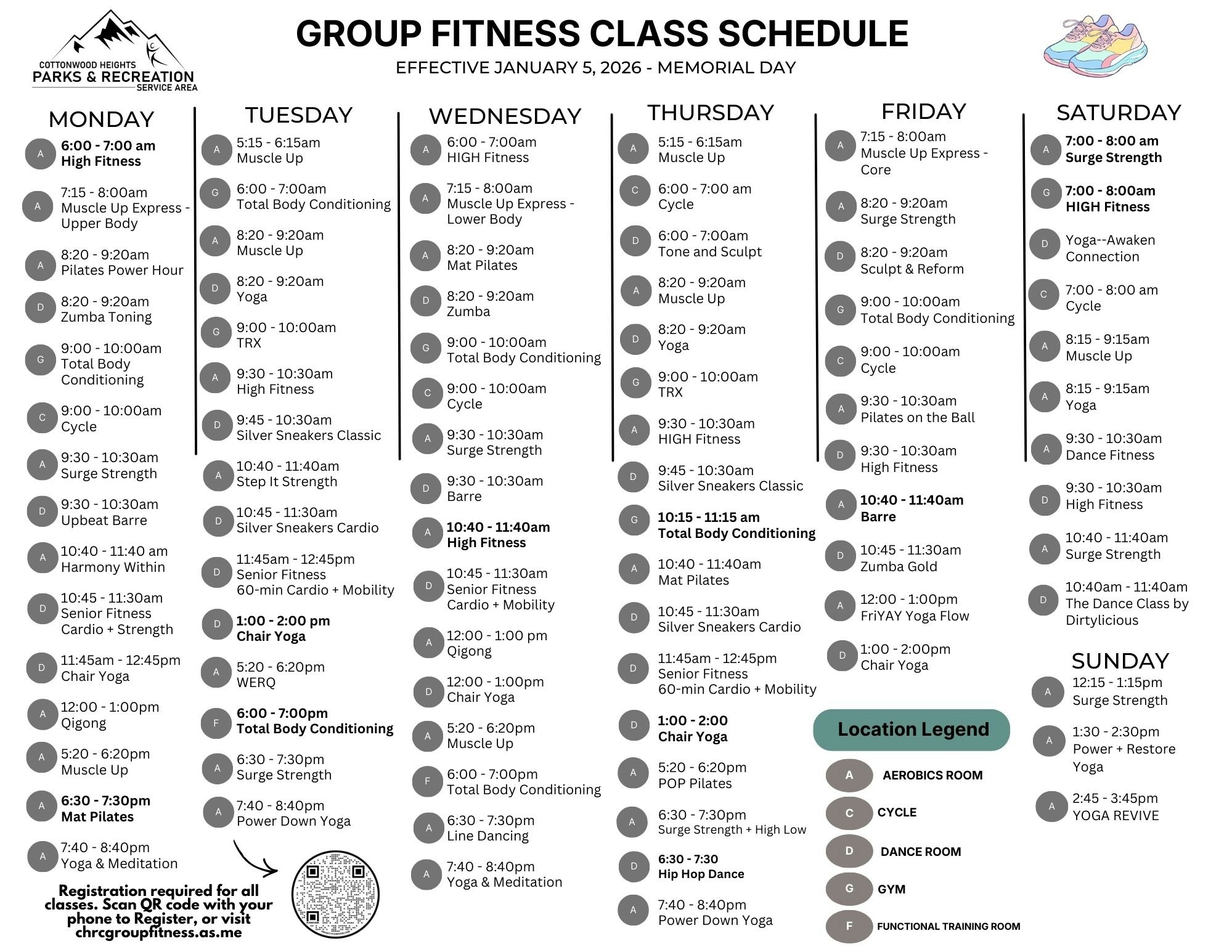 It's a group fitness class schedule for a recreation center, detailing classes by day and time, along with room designations.