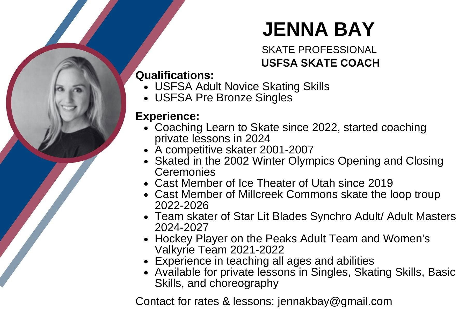 Jenna Bay, a USFSA skate coach, has extensive experience coaching, skating competitively, and performing in ice shows.
