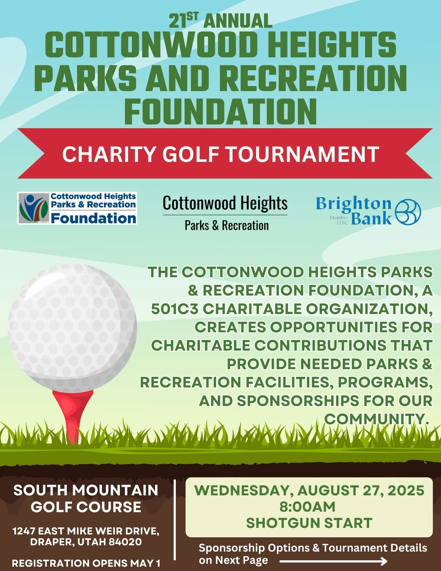 Charity golf tournament by Cottonwood Heights Parks & Recreation Foundation on August 27, 2025, South Mountain Golf Course, registration opens May 1.