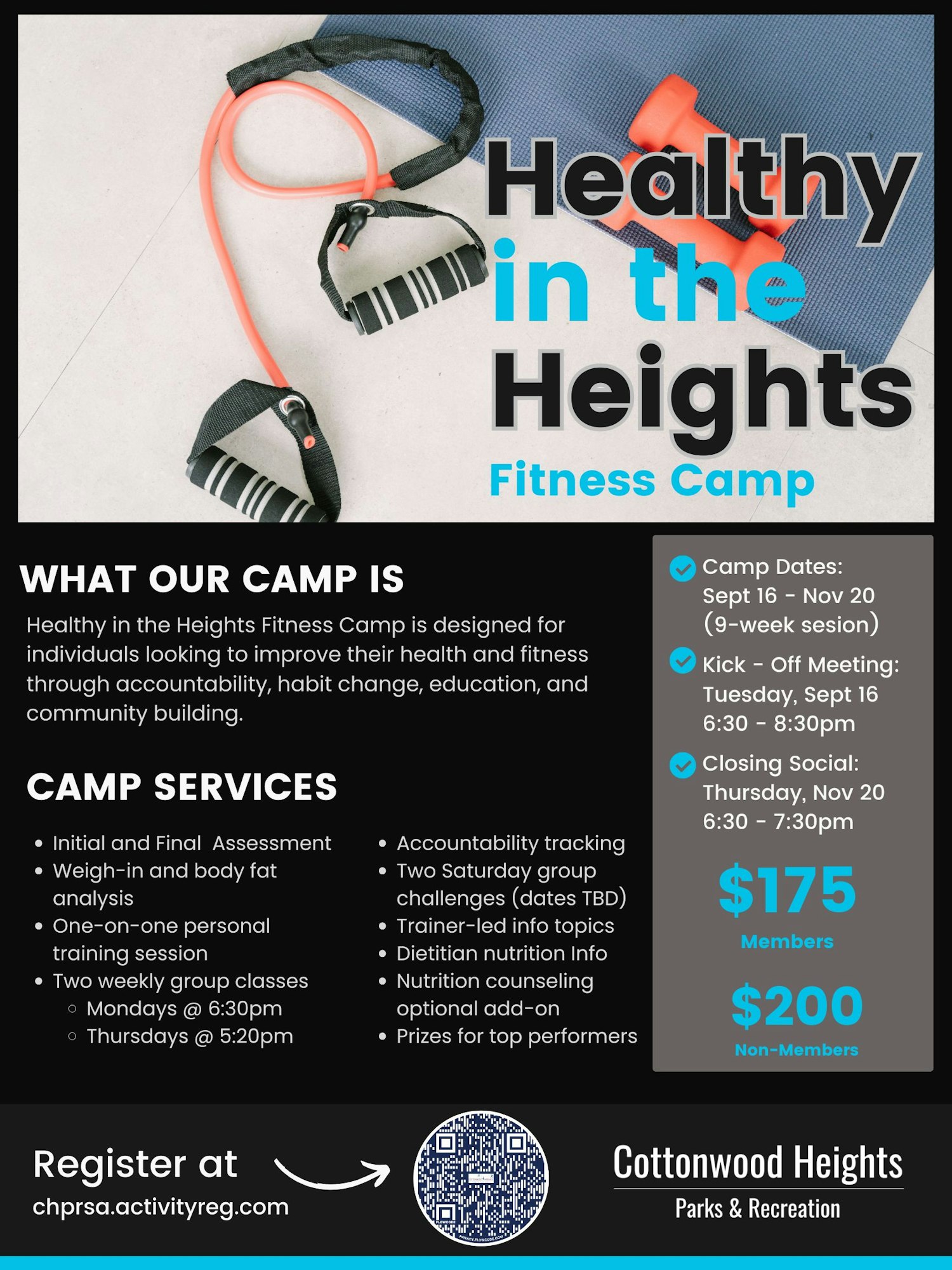 Fitness camp flyer: services, dates Sept 16-Nov 20, fees, and registration info at chprsa.activityreg.com. Hosted by Cottonwood Heights.