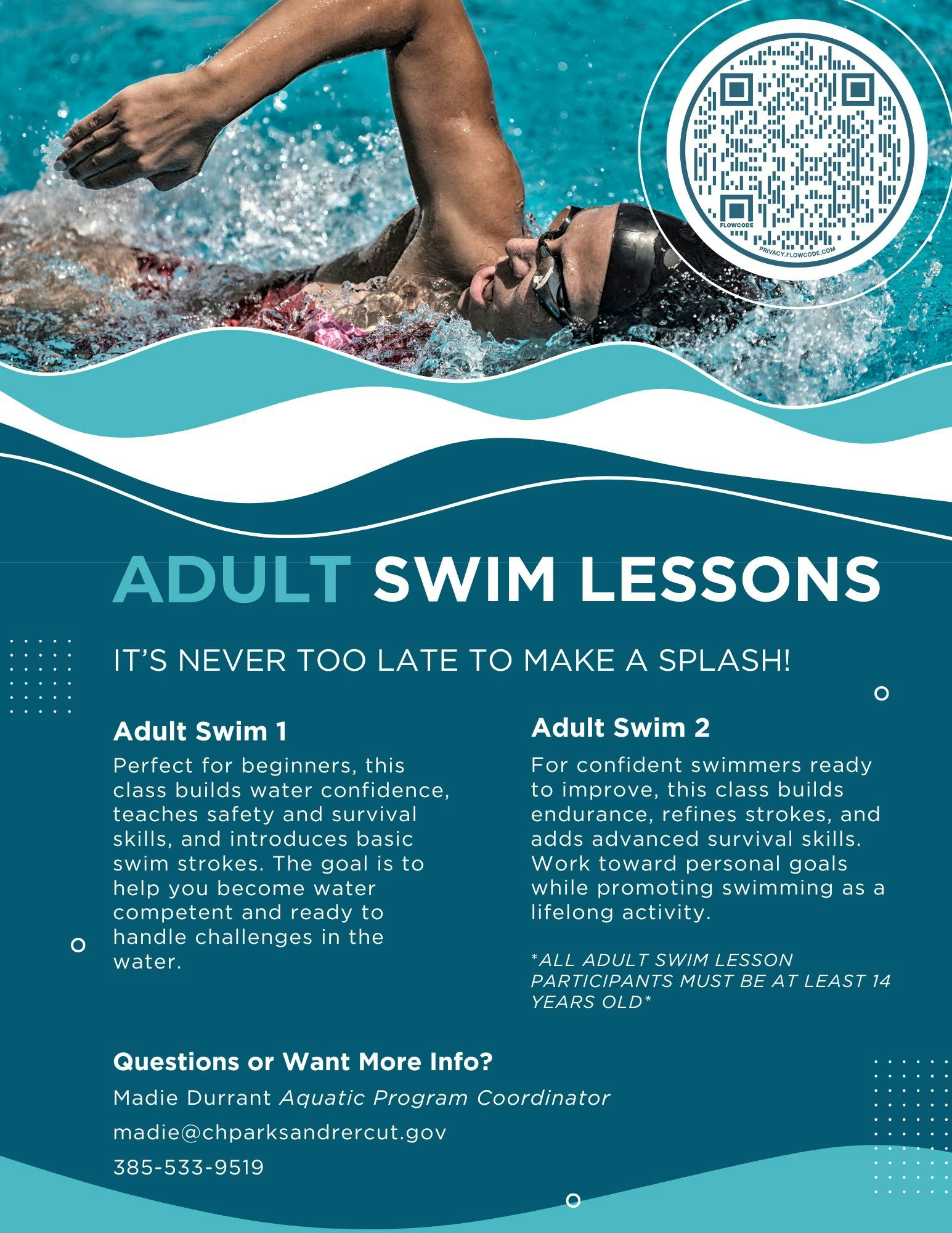 Flyer for adult swim lessons featuring two levels, contact info, and a QR code.