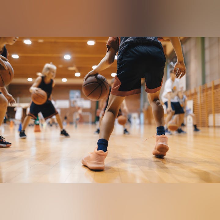 May contain: ball, basketball, basketball (ball), sport, person, playing basketball, clothing, footwear, and shoe