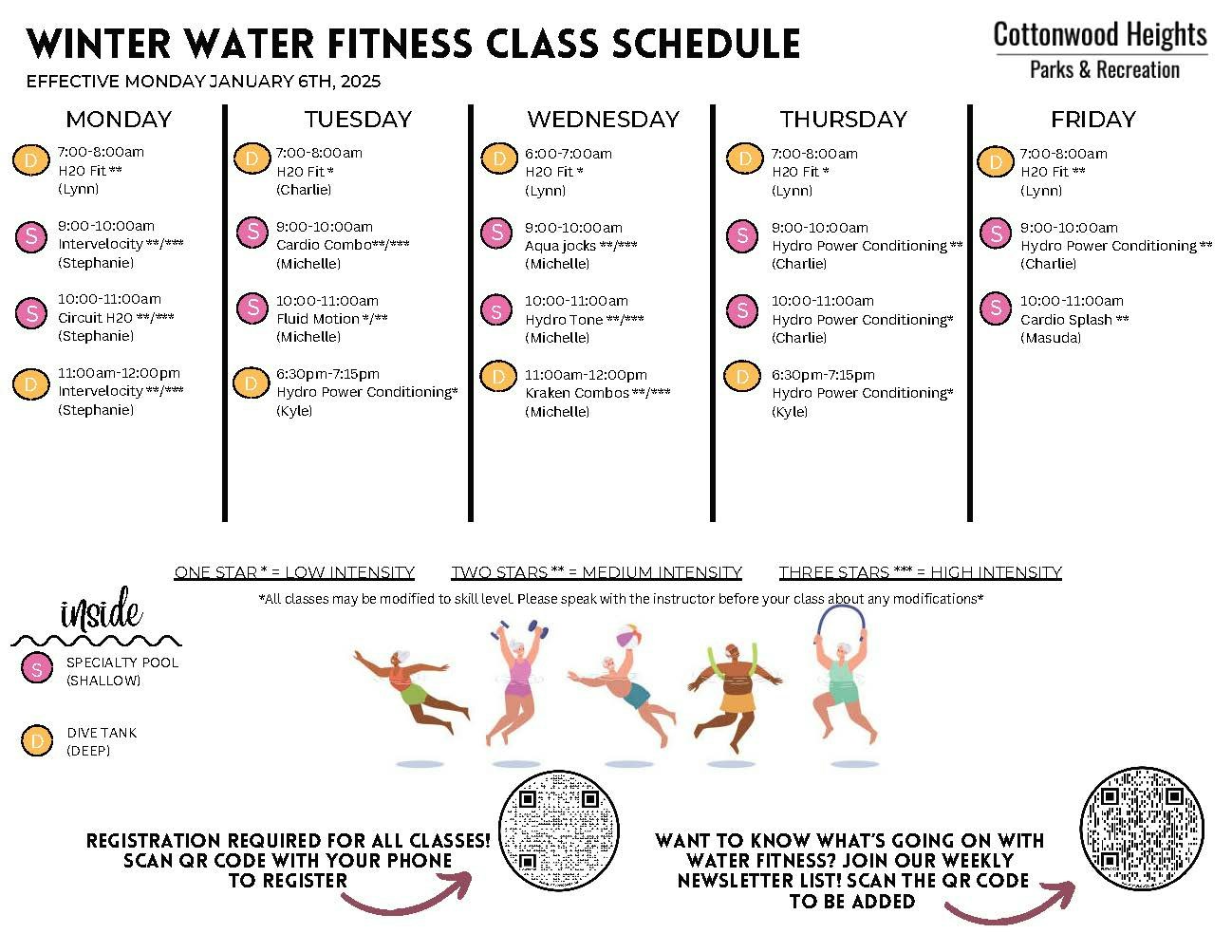 Winter Water Fitness Class Schedule for Cottonwood Heights, with various classes Monday-Friday, intensity levels, and registration info.