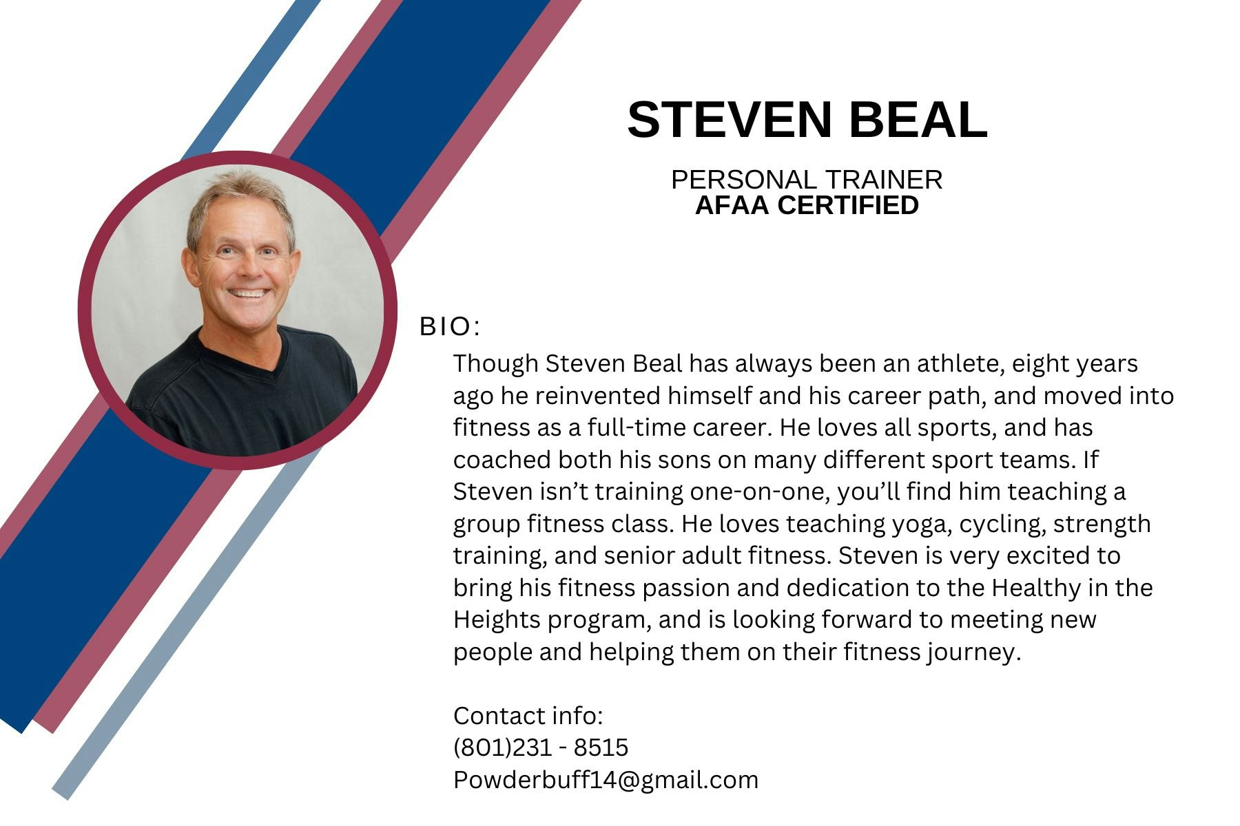 Personal trainer bio card for Steven Beal, AFAA certified, with contact info.