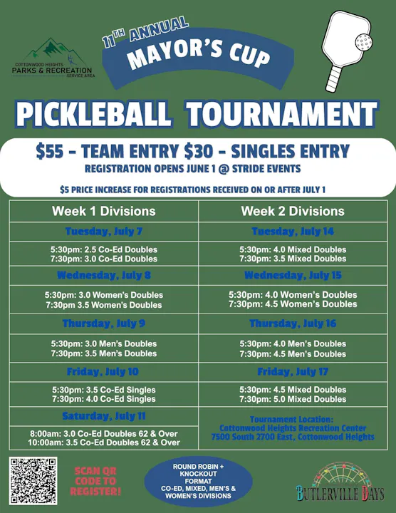 The image promotes the 11th Annual Mayor’s Cup Pickleball Tournament, detailing registration, fees, and match schedules from July 7-17.