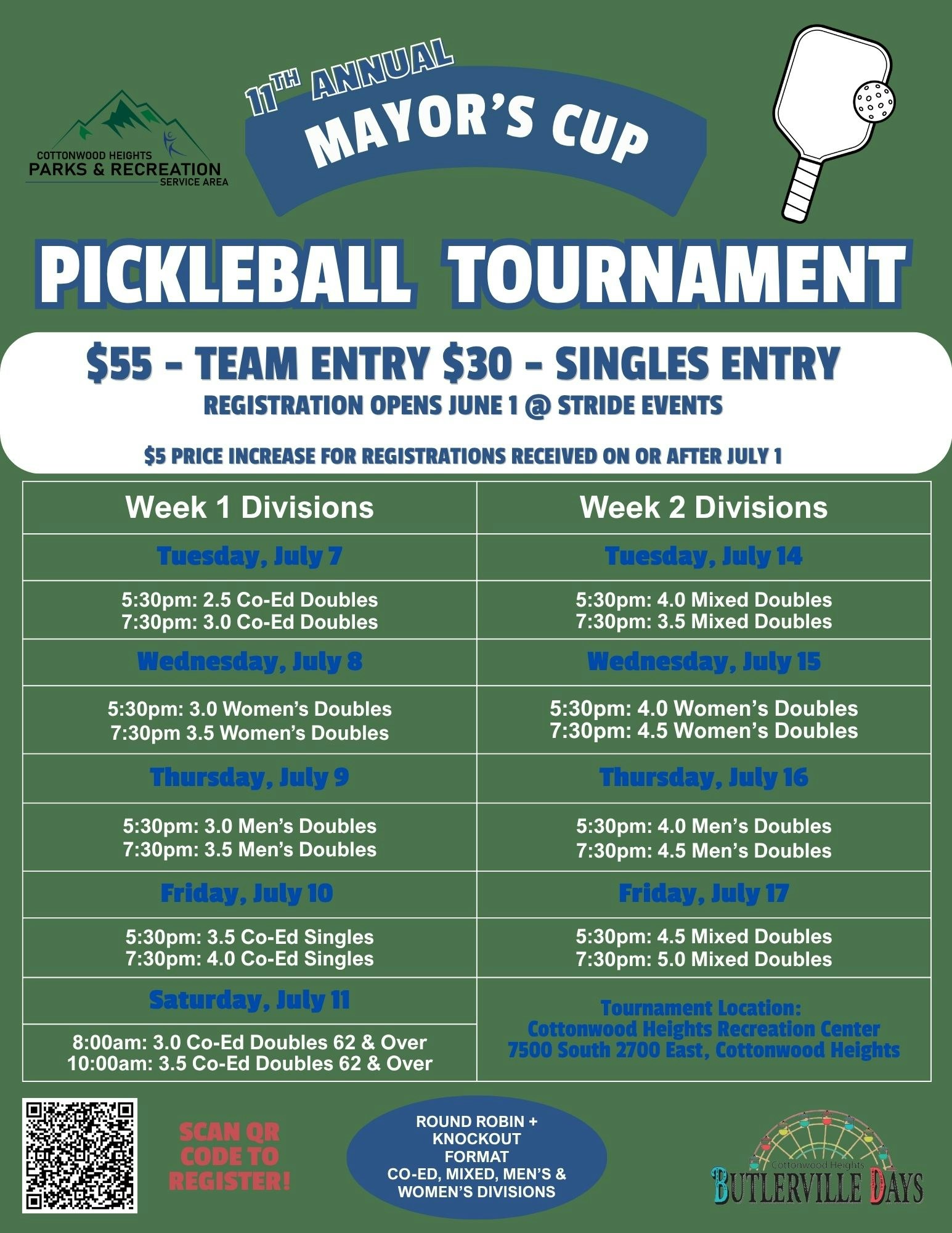 The image promotes the 11th Annual Mayor’s Cup Pickleball Tournament, detailing registration, fees, and match schedules from July 7-17.