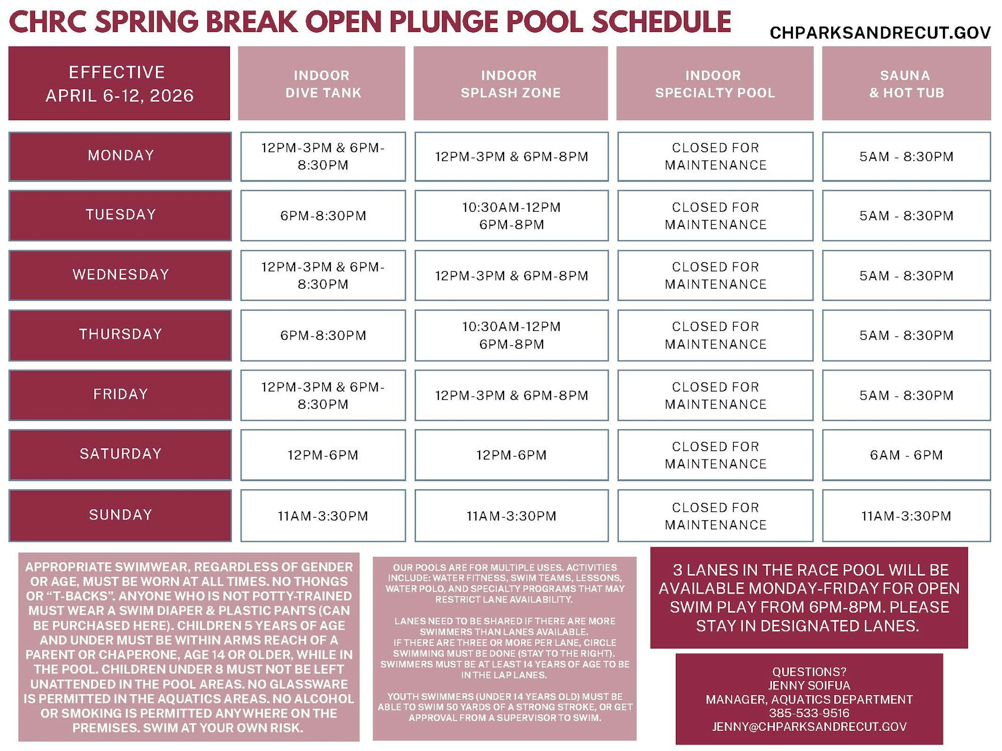 Spring Break pool schedule (April 6-12, 2026) with specific hours for dive tank, splash zone, and maintenance closures.