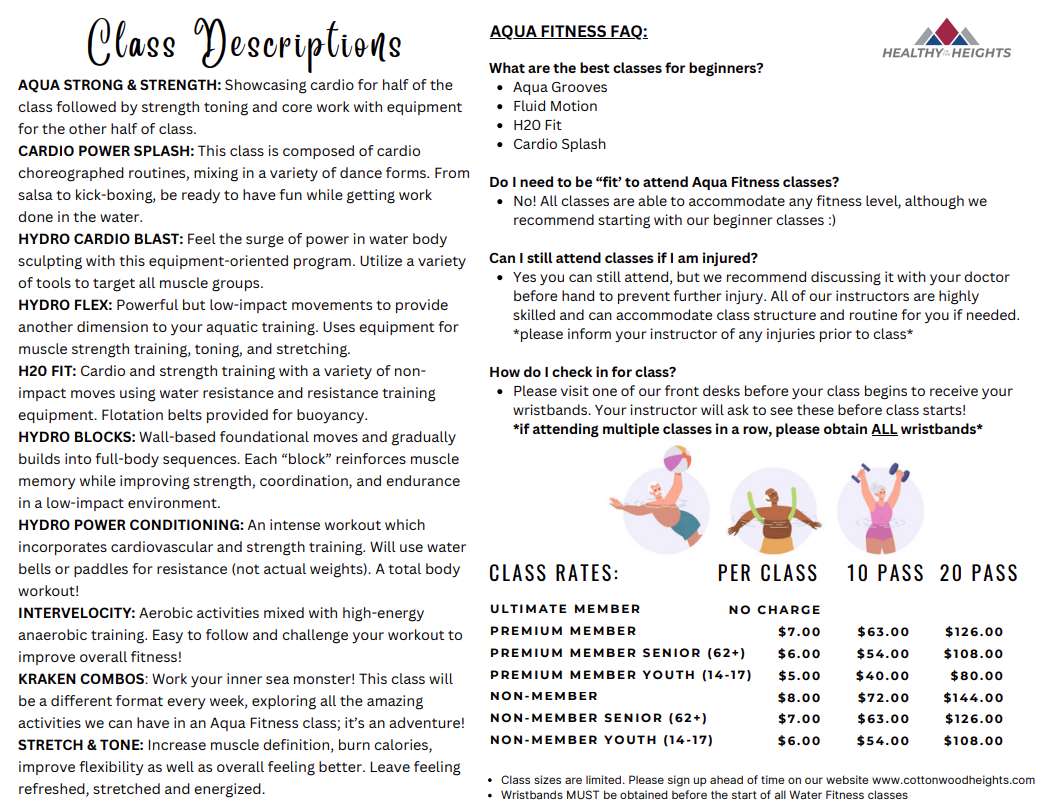 Aqua fitness class descriptions, FAQ, and rates with different membership options and pricing for 1, 10, and 20 classes.