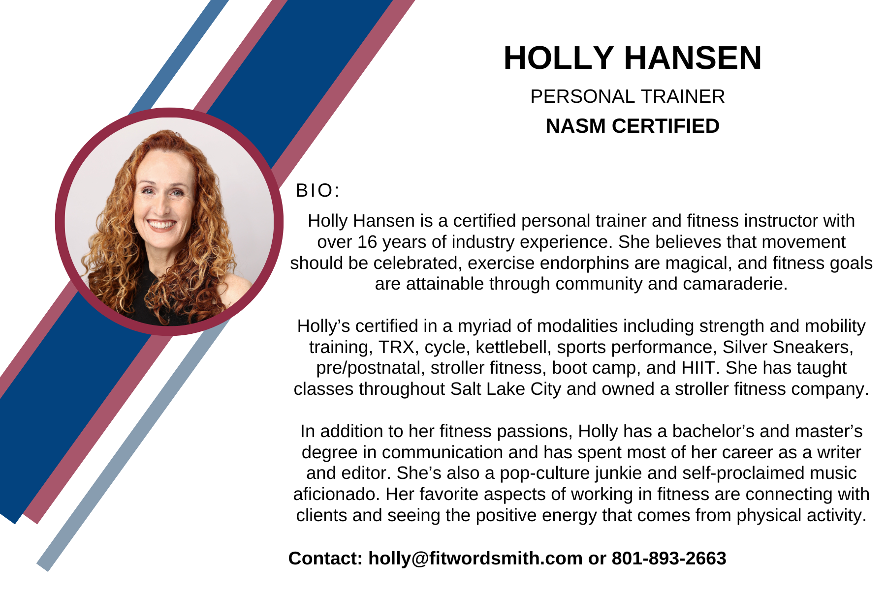 Professional profile of a NASM certified personal trainer, detailing experience, qualifications, and contact info.