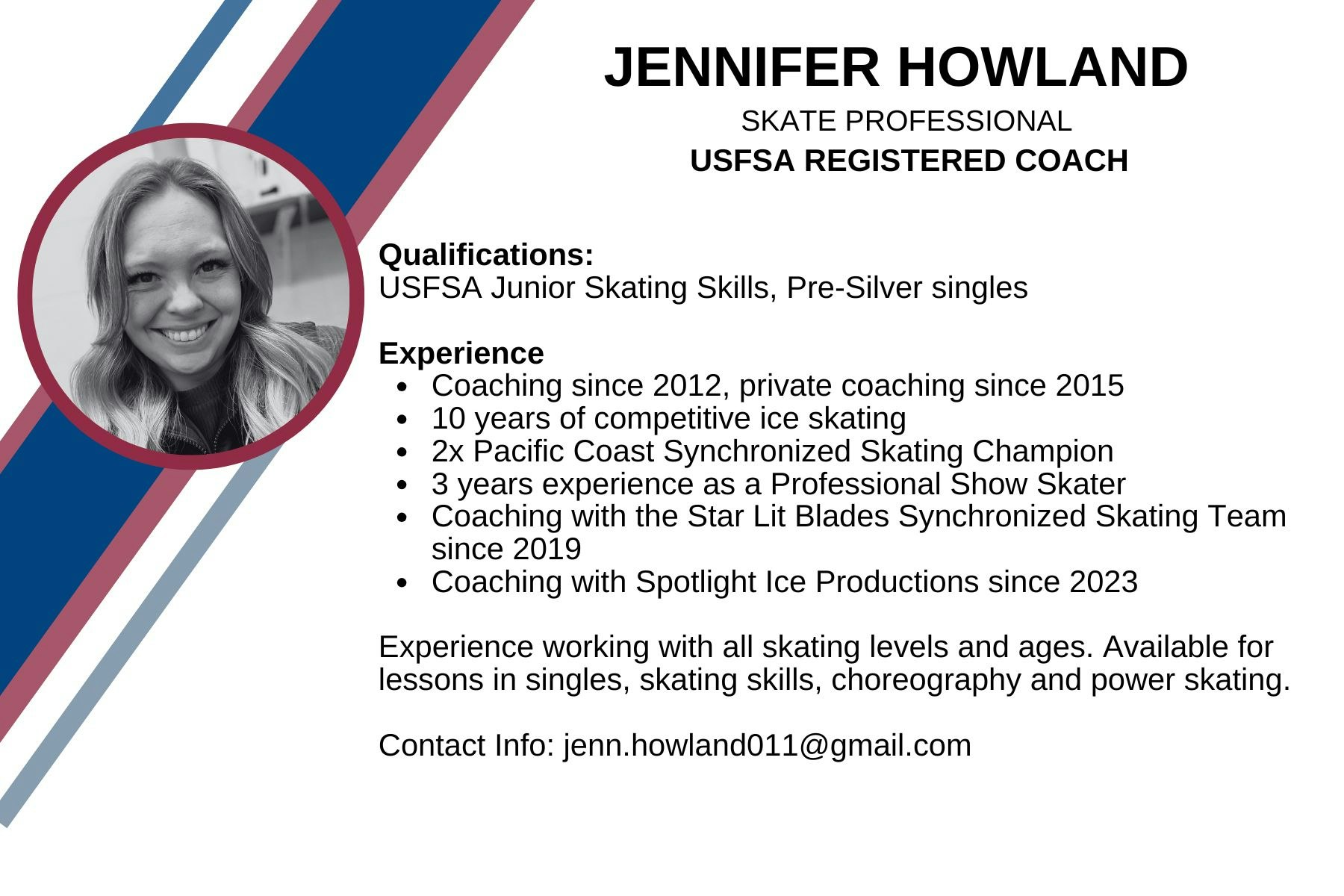 The image showcases Jennifer Howland, a USFSA registered coach with extensive ice skating and coaching experience. Contact: jenn.howland011@gmail.com.