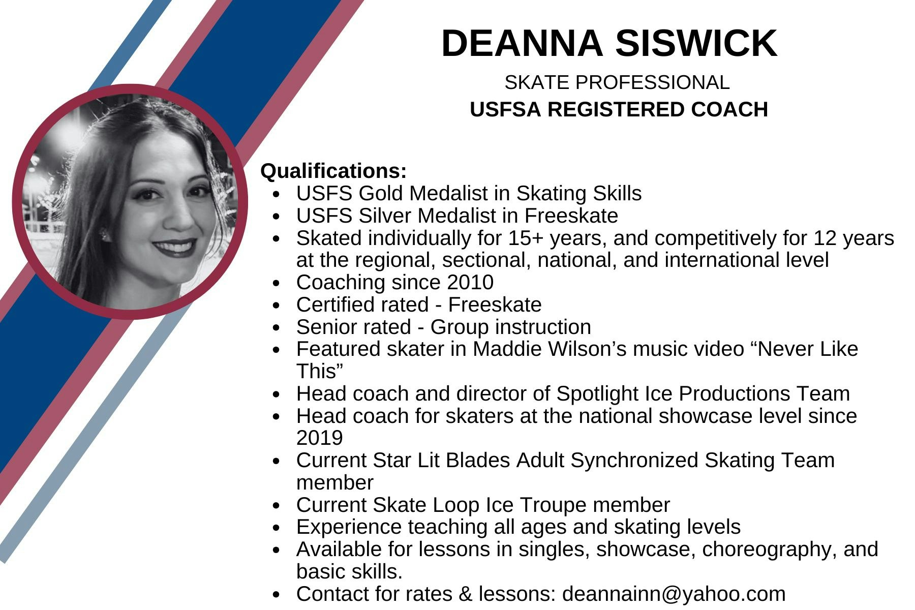 The image features Deanna Siswick, a qualified skate coach, highlighting her achievements and contact information for lessons.