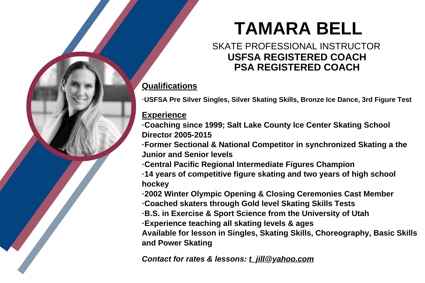 A professional profile of a skate instructor with photo, qualifications, experience, and contact information.