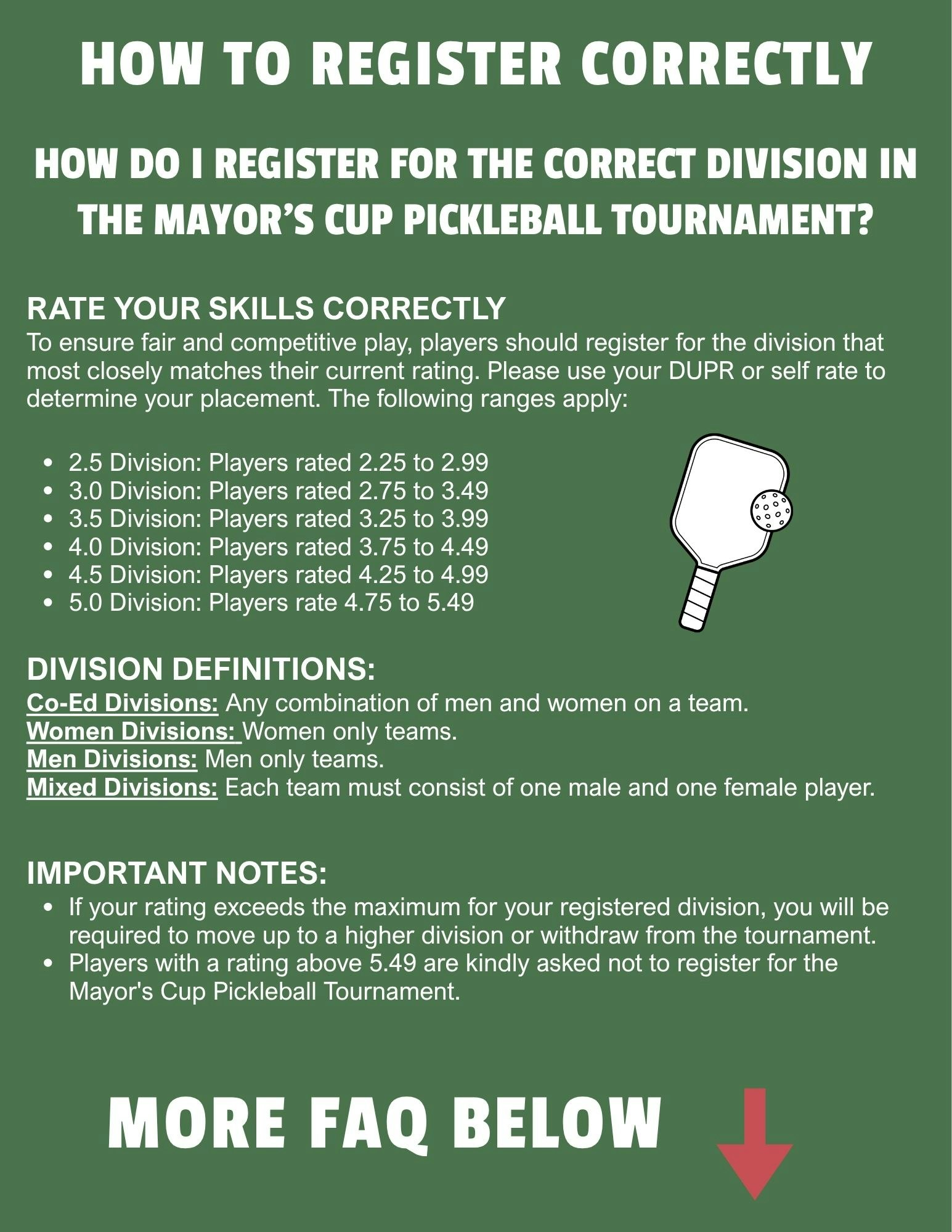 Guidelines for registering in the Mayor's Cup Pickleball Tournament by skill rating and division types. Important notes included.