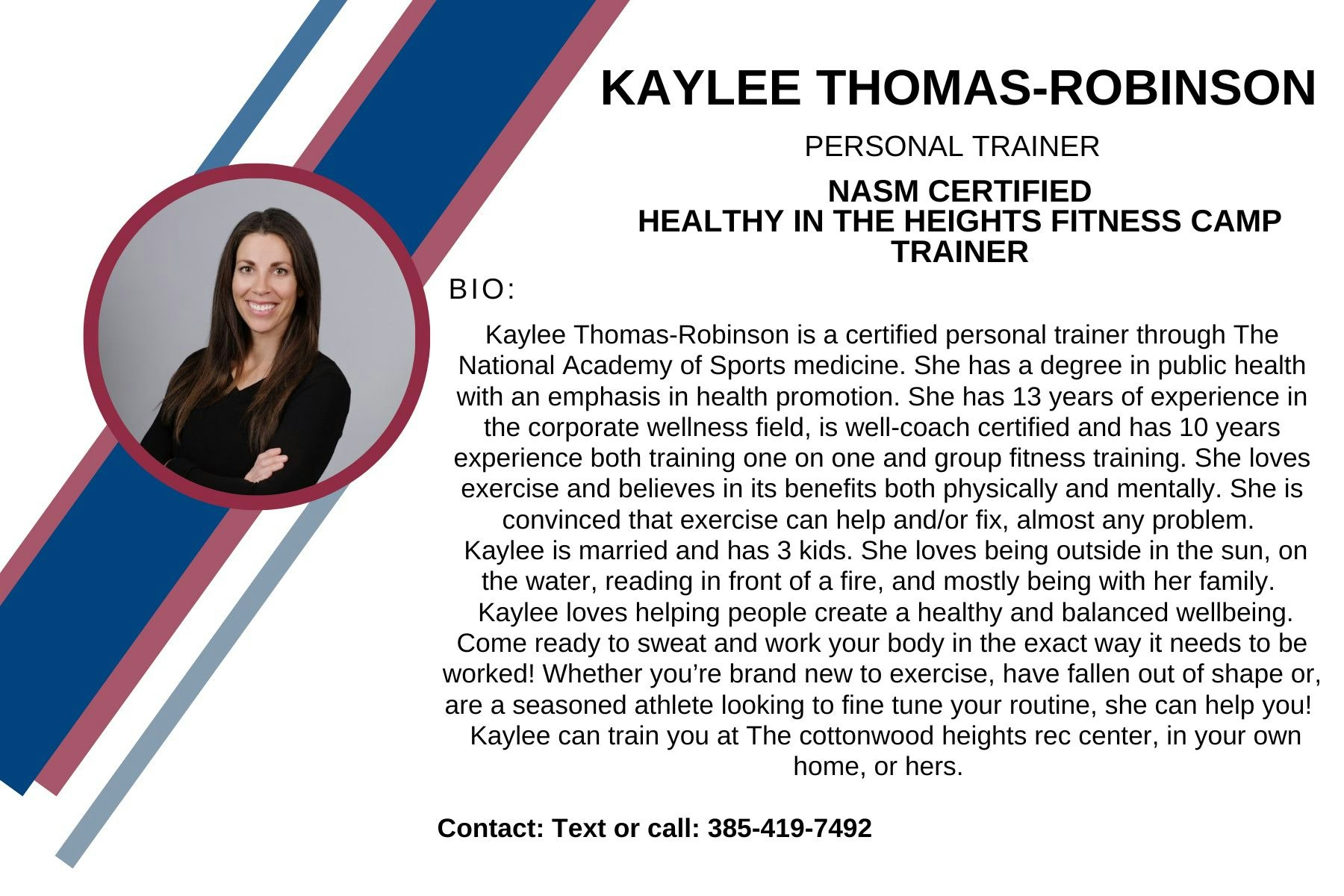 It's a promotional flyer with text and a portrait of a fitness trainer, detailing her qualifications and contact information.