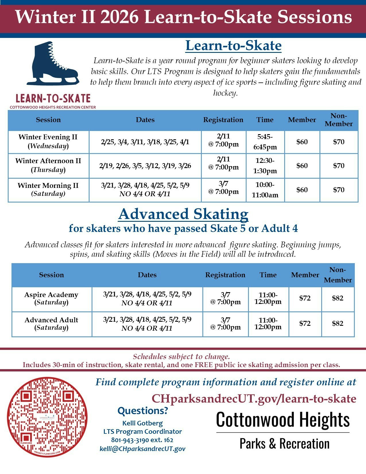 Winter II 2026 Learn-to-Skate sessions offered for beginners and advanced skaters in Cottonwood Heights. Registration details included.