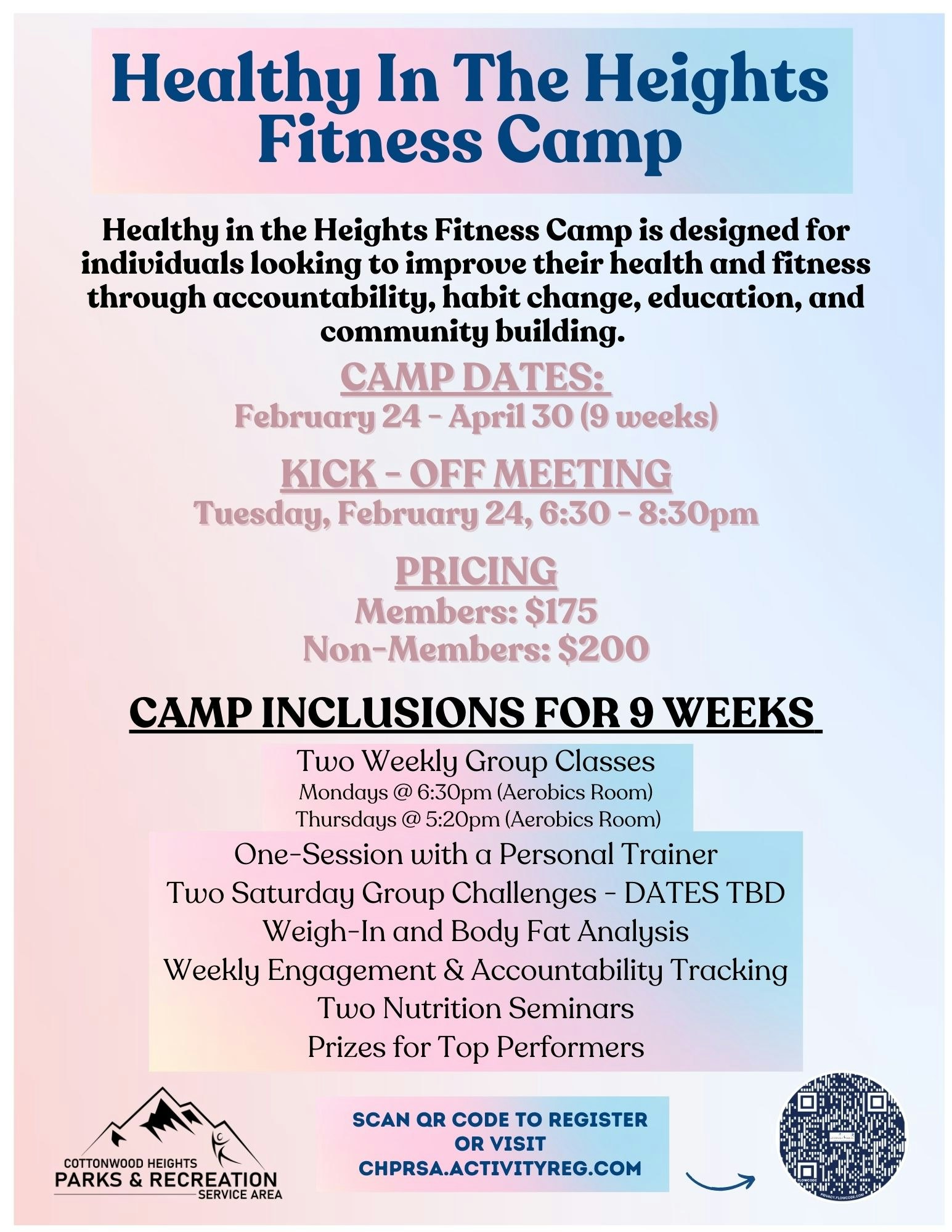 Fitness camp from Feb 24-Apr 30 with classes, personal training, nutrition seminars, and prizes. Members: $175, Non-Members: $200.