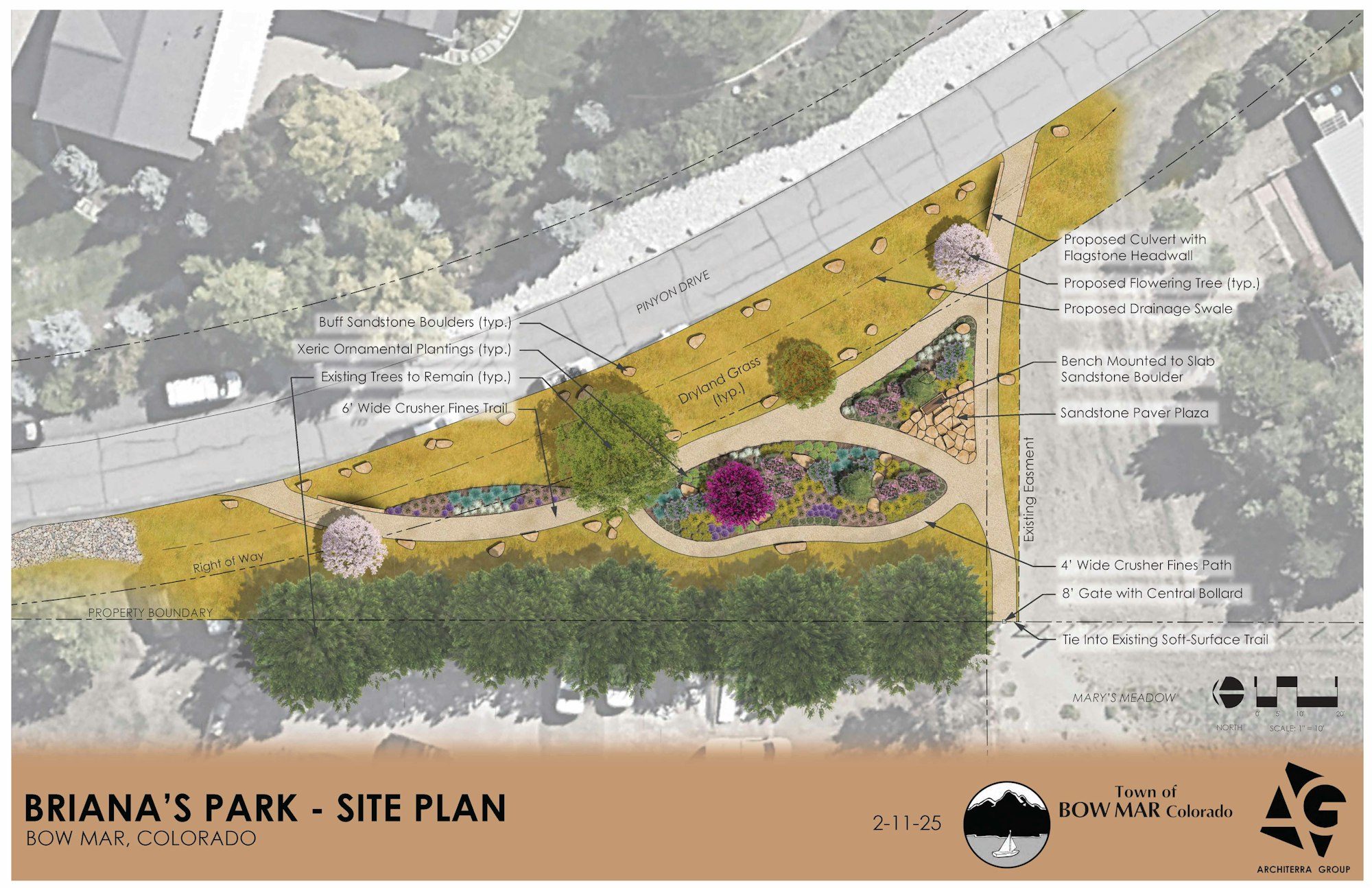 Park site plan with paths, plantings, boulders, and benches; located in Bow Mar, Colorado.
