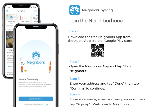 Guide to joining Neighbors by Ring via app download, setup, and sign-up. Includes QR code and step-by-step instructions.
