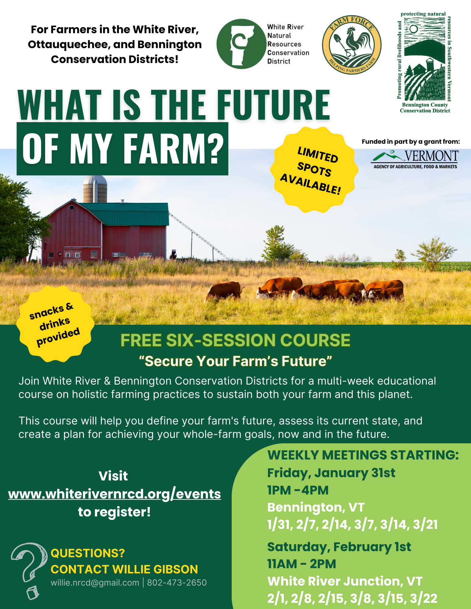 Flyer for a free six-session course "Secure Your Farm’s Future" for farmers. Dates: Jan 31-Feb 1 in Vermont. Limited spots.