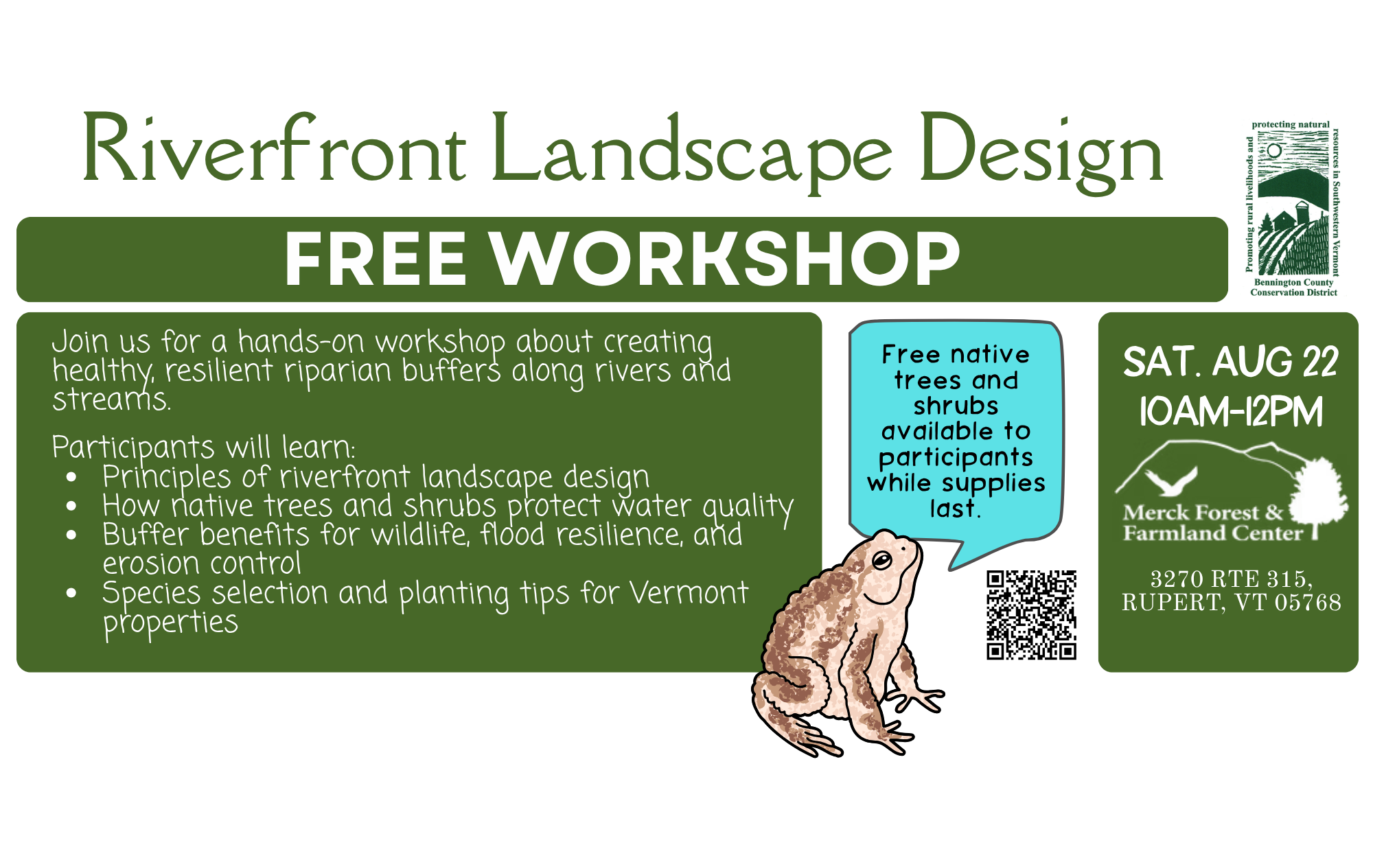 Free workshop on riverfront landscape design, Aug 22, 10 AM-12 PM, offering planting tips and free native trees/shrubs.