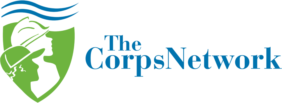 A logo with text "The Corps Network" and a stylized shield with profiles and waves.