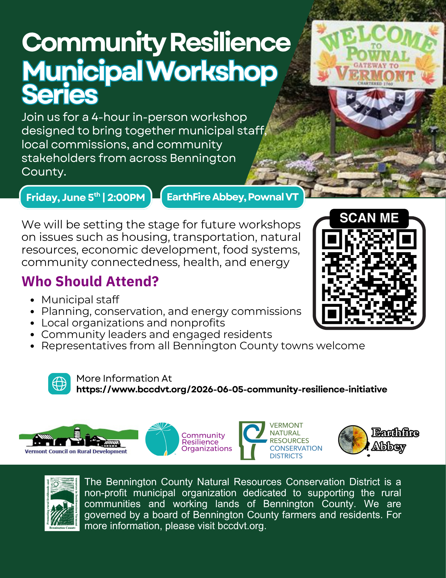 A workshop on community resilience for municipal staff and stakeholders in Bennington County, June 5th at EarthFire Abbey.