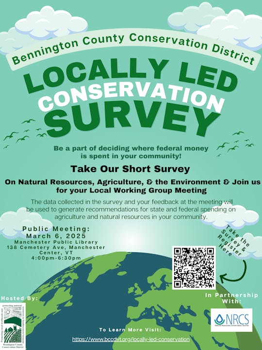 Bennington County Conservation District's survey on natural resources, with a public meeting on March 6, 2025, in Manchester, VT.