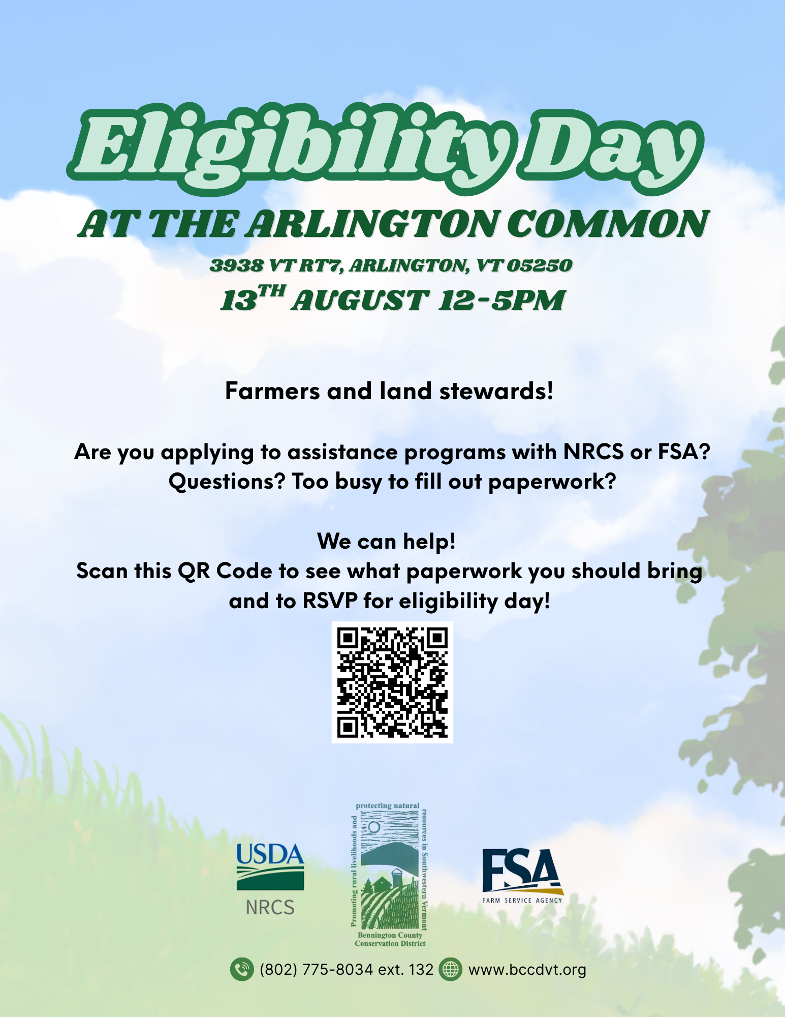 Eligibility Day event for farmers, Aug 13, 12-5 PM at Arlington Common, VT. Info on USDA assistance programs. QR code for details.
