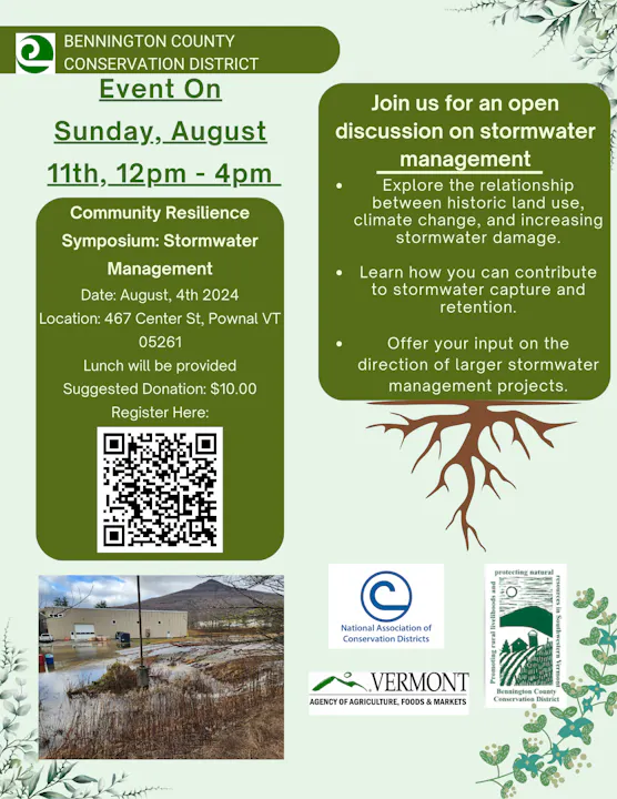 This is a poster for an event on stormwater management by Bennington County Conservation District, scheduled for August 11th, including a QR code for registration.