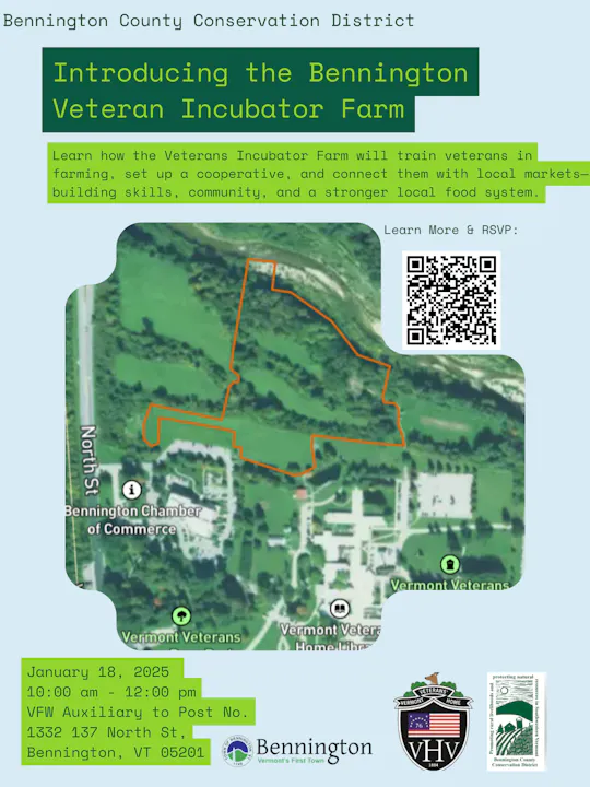 Introducing the Bennington Veteran Incubator Farm event on January 18, 2025, training veterans in farming.