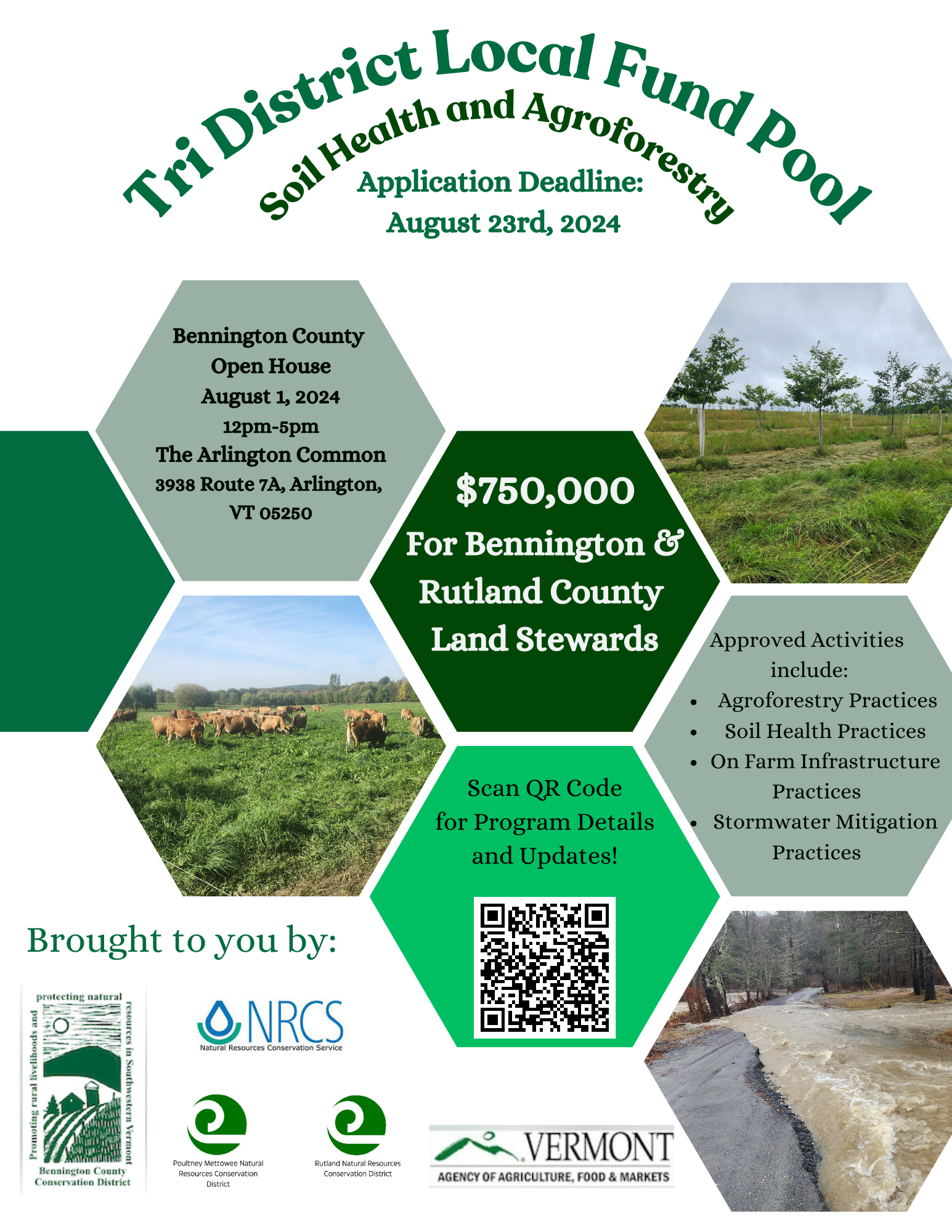 A poster for a Tri-District Local Fund Pool event, with application info, dates, images of agriculture, and QR code.