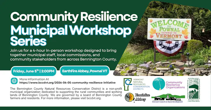 Event promoting a community workshop in Pownal, VT on June 5th, focusing on municipal resilience and stakeholder collaboration.