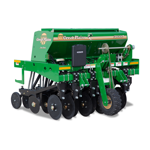 A green agricultural no-till drill machine with multiple discs and a Great Plains logo.