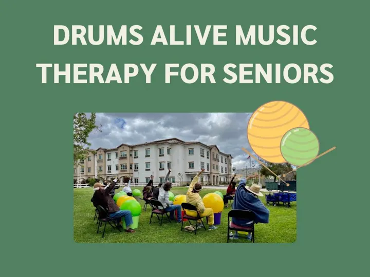 Seniors participating in a "Drums Alive" music therapy session outdoors, using colorful balls for exercise and rhythm.