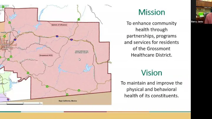 The image displays a map of the Grossmont Healthcare District, with its mission and vision statements related to community health.