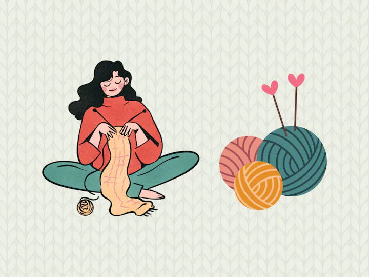 A woman happily knitting a scarf, surrounded by colorful yarn balls and knitting needles.