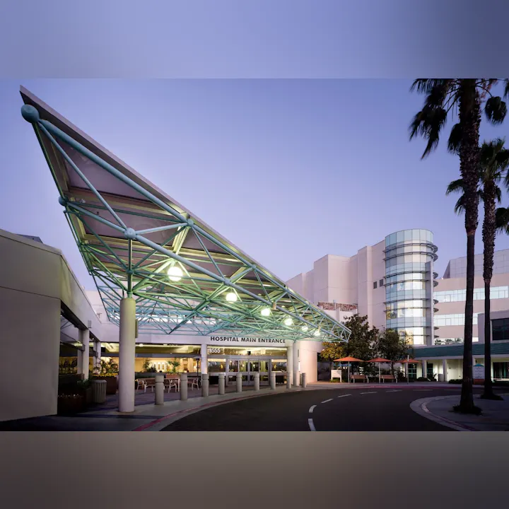 An architectural view of a hospital entrance with a modern canopy, well-lit, surrounded by palm trees and a twilight sky.