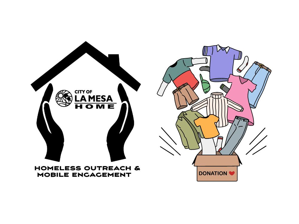 The image promotes clothing donations for homeless outreach by the City of La Mesa, featuring a house and clothing box.