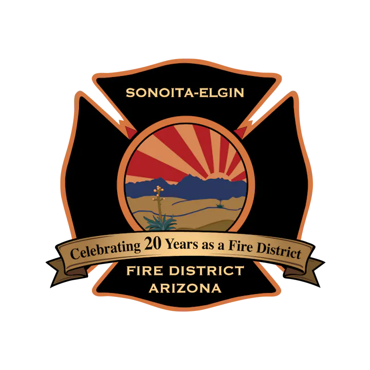 The image is a logo for the Sonoita-Elgin Fire District, celebrating 20 years of service in Arizona.
