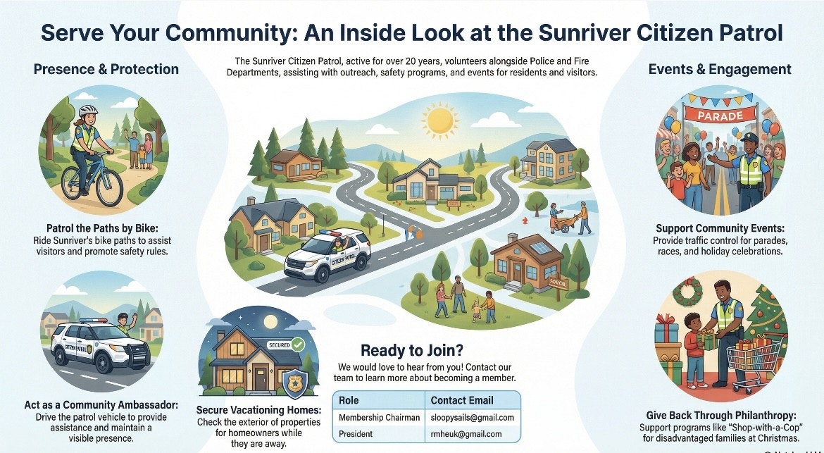 The image promotes the Sunriver Citizen Patrol, highlighting community safety, engagement, and volunteer opportunities.