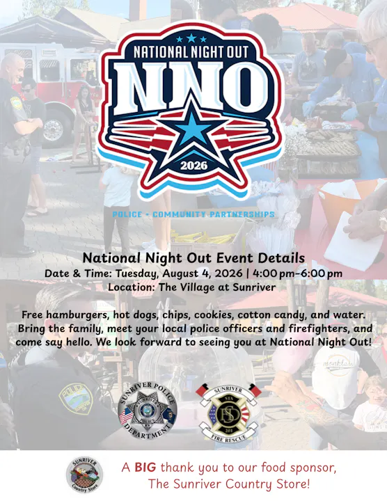 National Night Out event on Aug 4, 2026, from 4-6 PM at The Village at Sunriver. Free food and community interactions.
