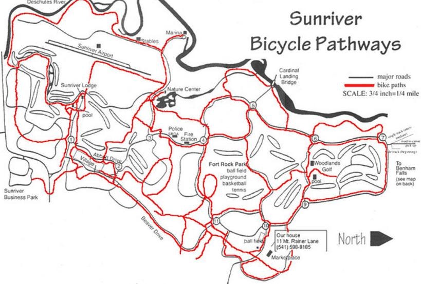 A map of Sunriver Bicycle Pathways with labeled roads, paths, landmarks, and a personal address marked.