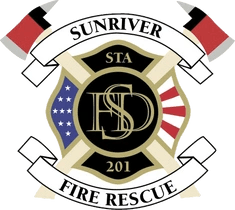 A badge for Sunriver Station 201 Fire Rescue with a Maltese cross and American flag elements.