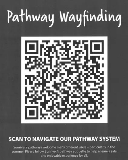 The image features a QR code for navigating pathway systems, promoting safe and enjoyable use, especially in summer.